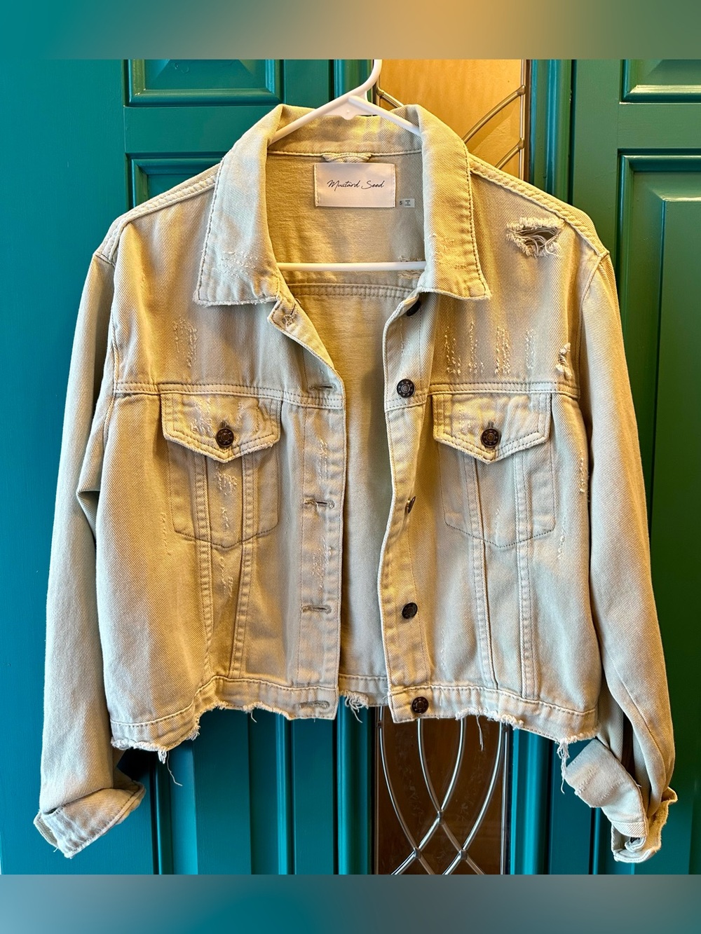 Mustard Seed Distressed Cropped Denim Jacket Sz S Tan Khaki Raw Hem